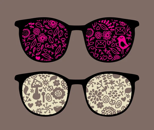 Ретро солнцезащитные очки с птицами и грибами отражение в нем . — стоковый вектор