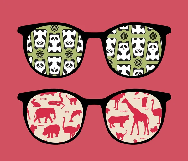 Retro sunglasses with animals reflection in it. — Stock Vector