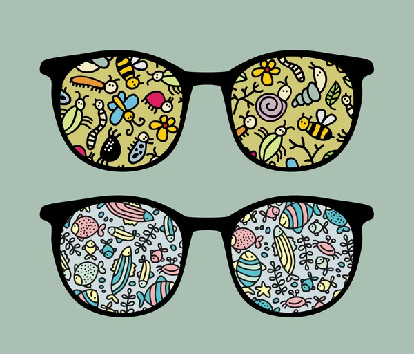 Ретро солнцезащитные очки с насекомыми и отражением рыбы в них . — стоковый вектор