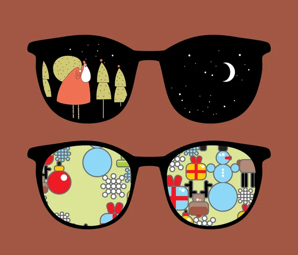Retro sunglasses with cute christmas reflection in it. — Stock Vector