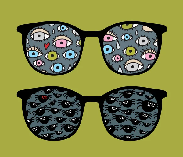Gözleri ve örümcekler yansıması ile Retro güneş gözlüğü. — Stok Vektör