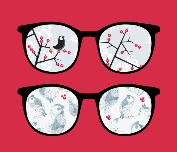 Retro sunglasses with winter birds reflection in it. — Stock Vector