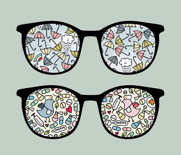 Ретро солнцезащитные очки с зонтиком и отражением птиц в нем . — стоковый вектор