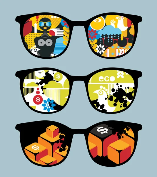 Retro set of sunglasses with cool reflection in it. — Stock Vector