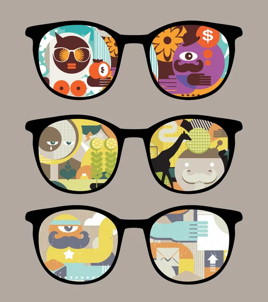 Retro sunglasses with abstract pictures reflection in it. — Stock Vector