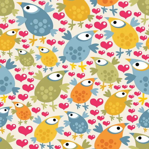 Naadloos patroon met schattige vogels en hartjes. — Stockvector