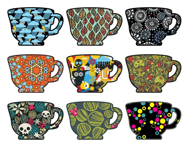 Set of tea cups with different patterns. — Stock Vector