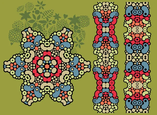 Étoile décorative et deux motifs psychédéliques sans couture sur vert . — Image vectorielle