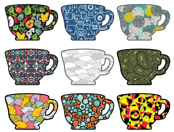Set of tea cups with cute patterns. — Stock Vector