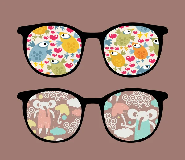 Retro zonnebril met cartoons reflectie in het. — Stockvector