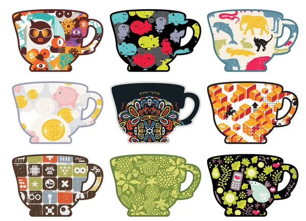 Set of tea cups with funny patterns. — Stock Vector