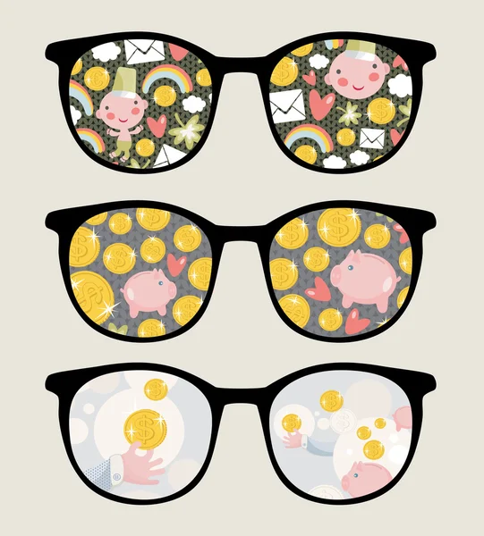Ретро солнцезащитные очки с отражением монет . — стоковый вектор