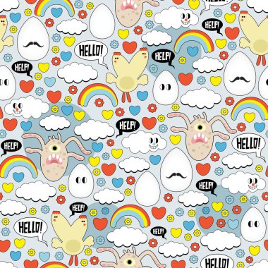 Crazy seamless pattern with eggs and monsters. clipart