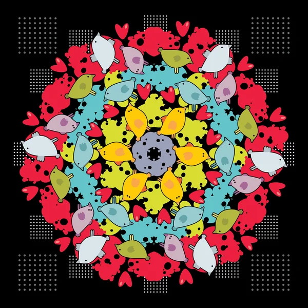 Cercle ornement avec des oiseaux et des taches. Illustration décorative vectorielle . — Image vectorielle