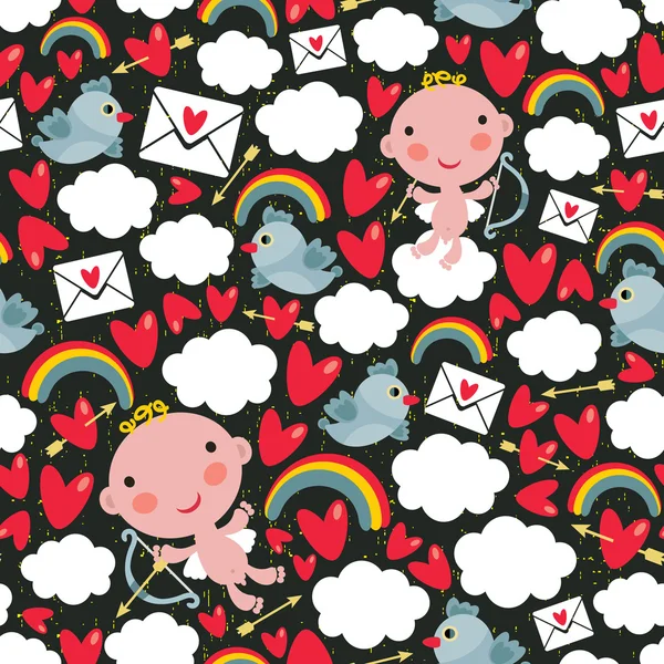 Cupid met harten en vogels naadloze patroon. — Stockvector
