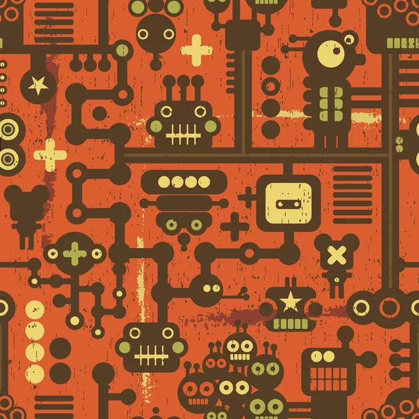Robotok és a szörnyek varrat nélküli mintát a piros háttér. — Stock Vector