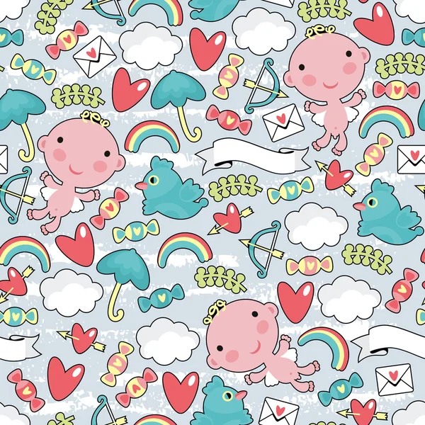 Cupid with clouds seamless pattern. — Stock Vector
