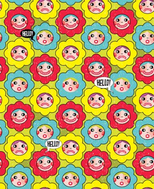 Crazy flowers with faces seamless background. clipart