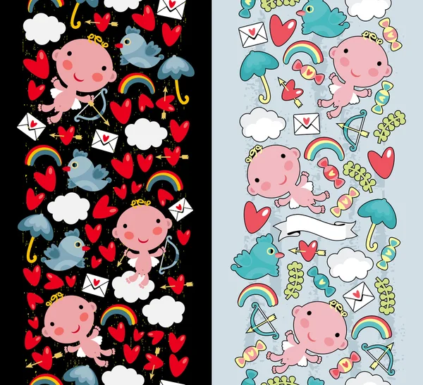 Two cute seamless pattern with cupid and flora. — Stock Vector