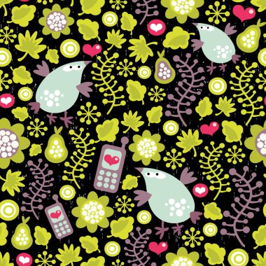 Seamless pattern with birds and mobile phones on black background.