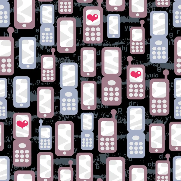 Seamless mönster med mobiltelefoner och hjärtan. — Stock vektor