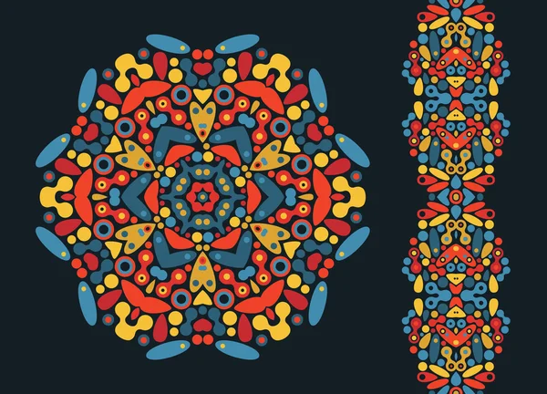 Decoratieve ronde element en psychedelische naadloze patroon. — Stockvector