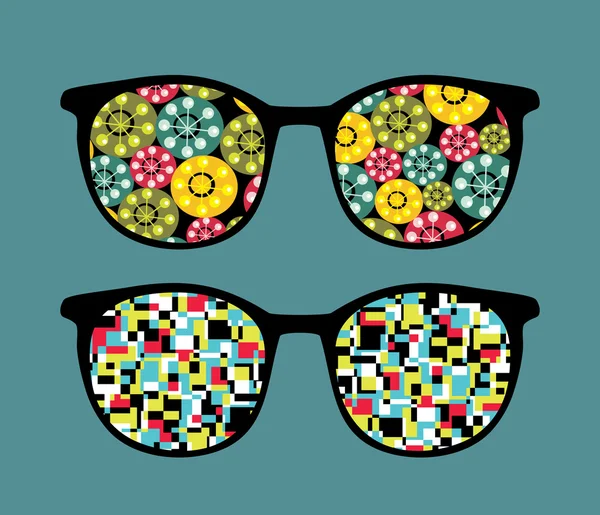 Retro eyeglasses with crazy pattern reflection in it. — Stock Vector