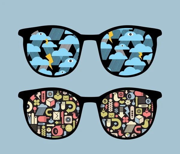 Retro eyeglasses with symbols reflection in it. — Stock Vector