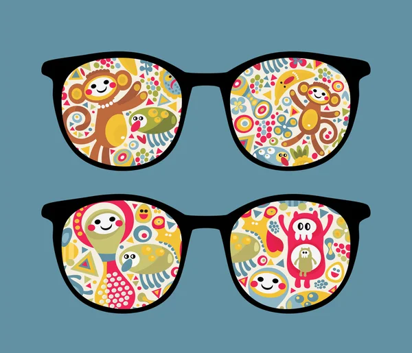 Retro eyeglasses with strange creatures reflection in it. — Stock Vector