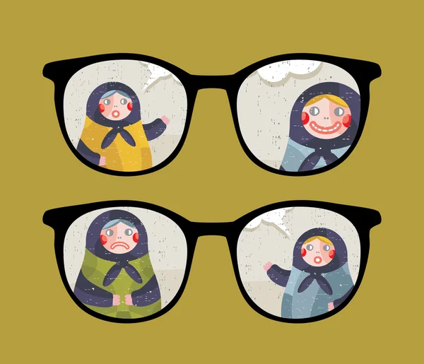 Retro eyeglasses with talking dolls reflection in it. — Stock Vector