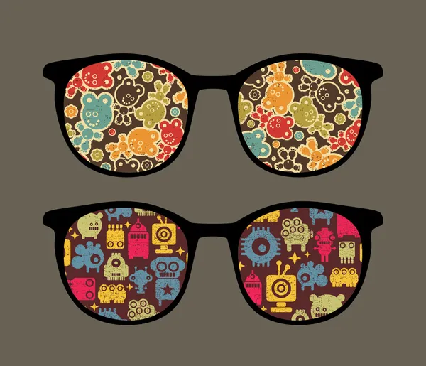 Gafas retro con extraños robots reflejados en ella . — Vector de stock