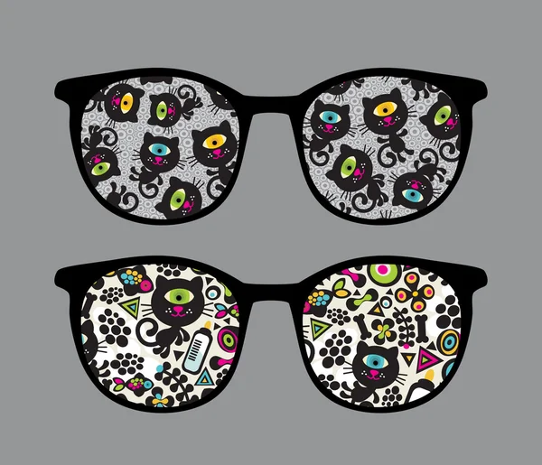 Retro eyeglasses with black cats reflection in it. — Stock Vector