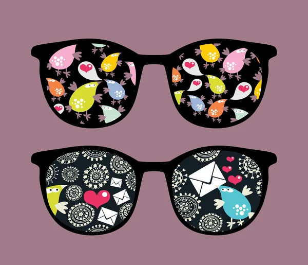 Retro eyeglasses with strange birds reflection in it. — Stock Vector