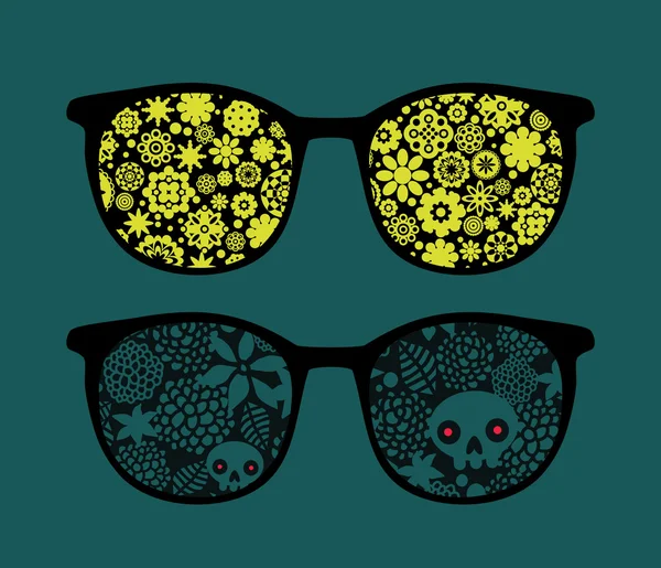 Retro eyeglasses with flowers and plants reflection in it. — Stock Vector
