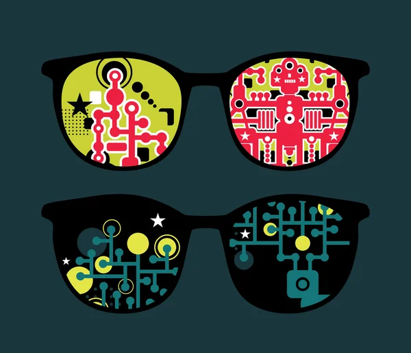 Retro eyeglasses with robots reflection in it. — Stock Vector
