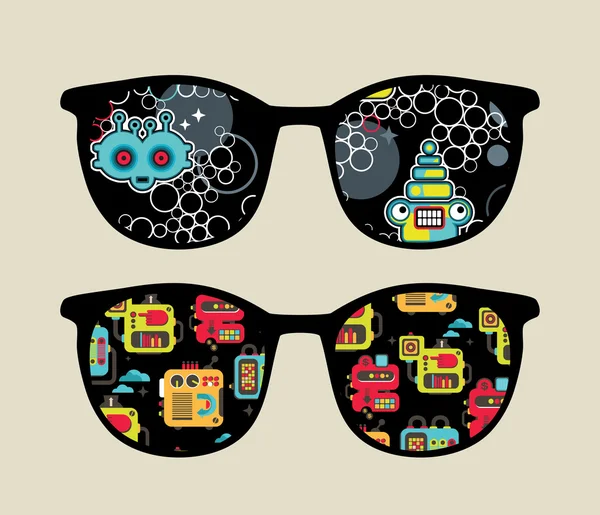 Retro eyeglasses with cute robots reflection in it. — Stock Vector