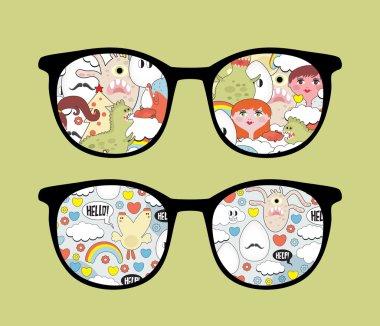 Retro eyeglasses with disorder reflection in it. clipart