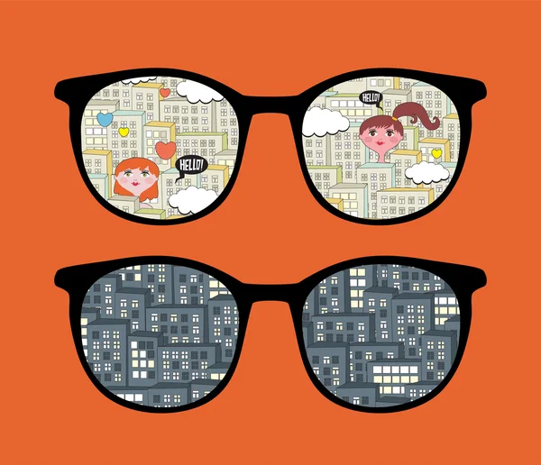 Ретро окуляри з відображенням міського пейзажу в ньому . — стоковий вектор