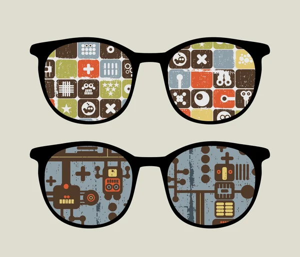 Retro zonnebril met schattige robot patronen reflectie in het. — Stockvector