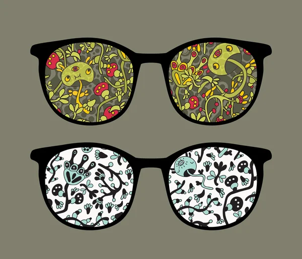 Retro sunglasses with doodle mushrooms reflection in it. — Stock Vector