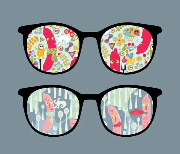 Ретро сонцезахисні окуляри з відображенням в ньому харчових монстрів . — стоковий вектор