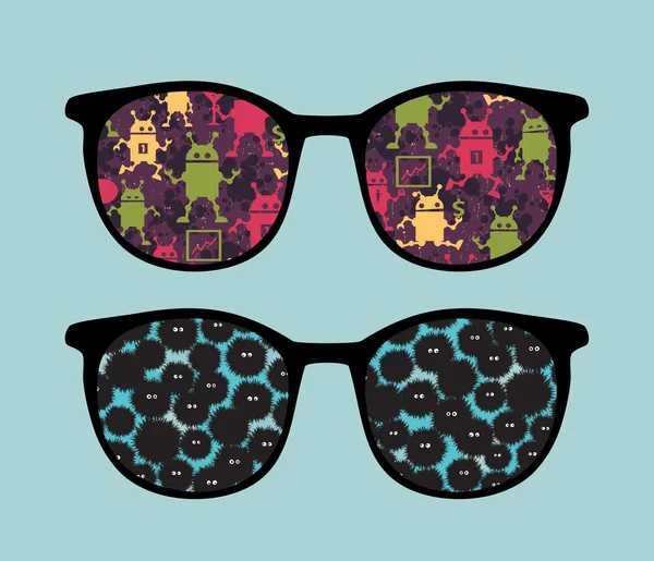 Retro sunglasses with strange creatures reflection in it. — Stock Vector