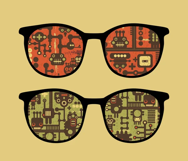 Retro sunglasses with robot pattern reflection in it. — Stock Vector