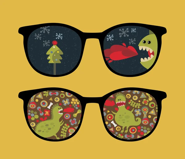 Retro sunglasses with cute dragon reflection in it. — Stock Vector