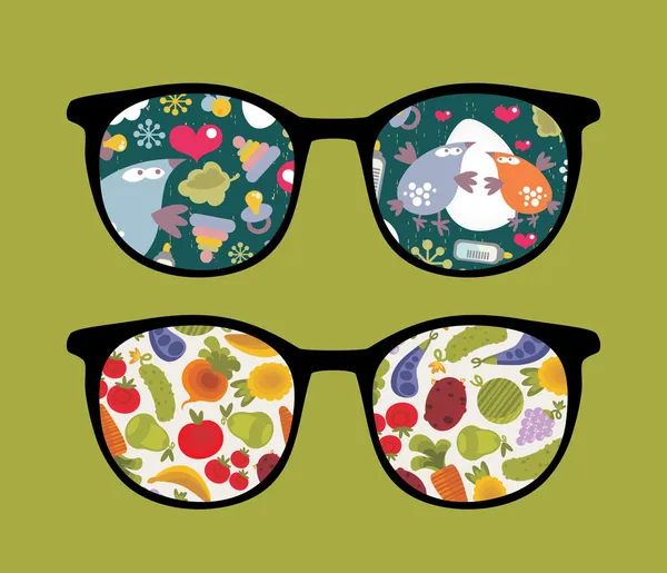 Lunettes de soleil rétro avec reflet d'oiseaux et de plantes . — Image vectorielle