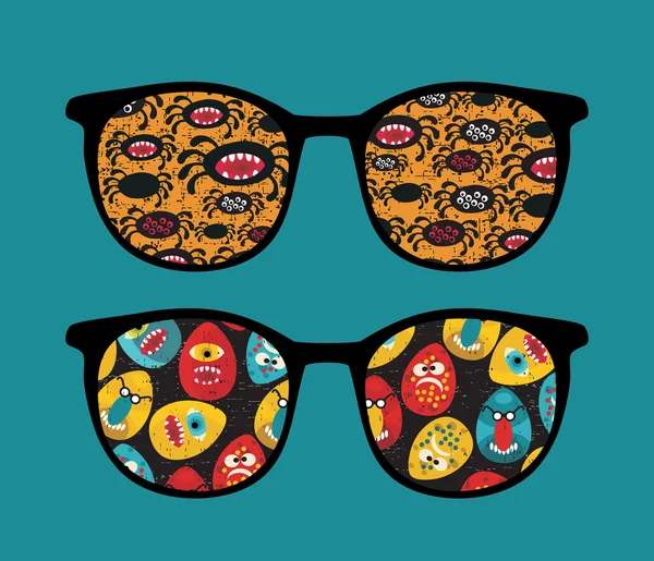 Retro zonnebril met cool monsters reflectie in het. — Stockvector