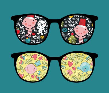 Retro sunglasses with cute child reflection in it. clipart