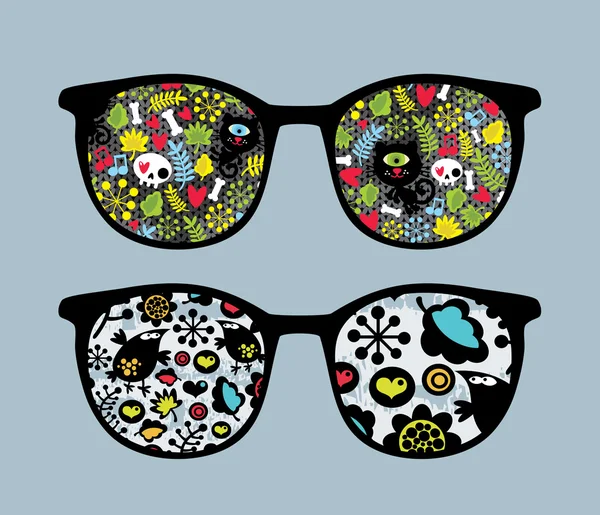 Retro sunglasses with cats and birds reflection in it. — Stock Vector