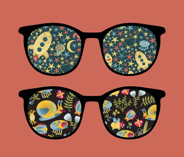 Retro sunglasses with space and insects reflection in it. — Stock Vector