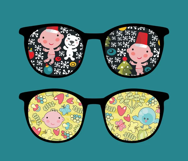 Retro sunglasses with cute child reflection in it. — Stock Vector